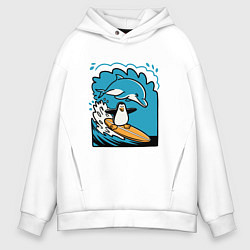 Толстовка оверсайз мужская Пингвин покорил волну, цвет: белый