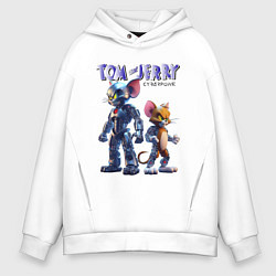 Толстовка оверсайз мужская Cyborg Tom and Jerry - ai art fantasy, цвет: белый