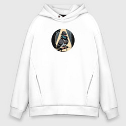 Толстовка оверсайз мужская Голубь шпион в шляпе со старым фотоаппаратом, цвет: белый