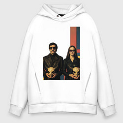 Толстовка оверсайз мужская Мужчина и девушка с черепами пришельцев ретрофутур, цвет: белый