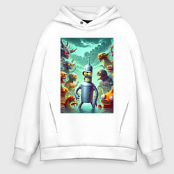 Толстовка оверсайз мужская Bender bending robot among the monsters - ai art f, цвет: белый