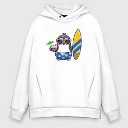 Толстовка оверсайз мужская Пингвин серфер, цвет: белый