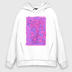 Толстовка оверсайз мужская Аниме айдол - девочка-кошка - розово-фиолетовая, цвет: белый