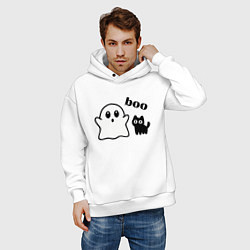 Толстовка оверсайз мужская Хэллоуин, привидение и черный кот, цвет: белый — фото 2