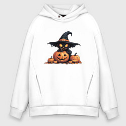Толстовка оверсайз мужская Черный призрак в ведьмовской шляпе сидит на тыкве, цвет: белый