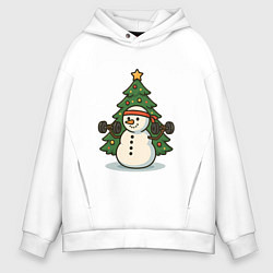 Толстовка оверсайз мужская Снеговик с гирями, цвет: белый
