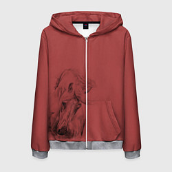 Толстовка 3D на молнии мужская Конь на красном фоне, цвет: 3D-меланж