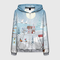 Толстовка 3D на молнии мужская Зимний дворик, цвет: 3D-меланж