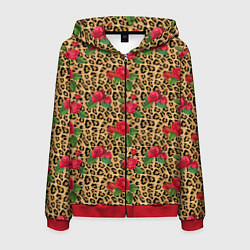 Толстовка 3D на молнии мужская Шкура Леопарда в Цветах, цвет: 3D-красный
