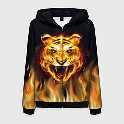 Толстовка 3D на молнии мужская Тигр В Пламени, цвет: 3D-черный