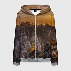 Толстовка 3D на молнии мужская ГОРЫ И ЛЕС НА ЗАКАТЕ, цвет: 3D-меланж