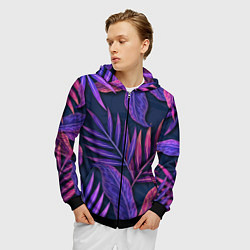 Толстовка 3D на молнии мужская Neon Tropical plants pattern, цвет: 3D-черный — фото 2