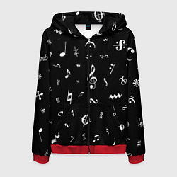 Толстовка 3D на молнии мужская Нотные Знаки Белые на Черном, цвет: 3D-красный