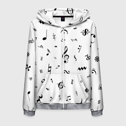 Мужская толстовка на молнии Нотные Знаки Черные на Белом