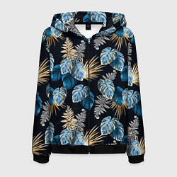 Толстовка 3D на молнии мужская Свет неоновых листьев, цвет: 3D-черный