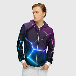 Толстовка 3D на молнии мужская Фиолетовый градиент - неоновые геометрические плит, цвет: 3D-белый — фото 2