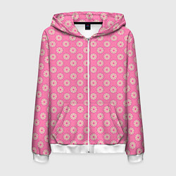 Толстовка 3D на молнии мужская Белые цветочки на розовом фоне, цвет: 3D-белый