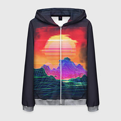 Толстовка 3D на молнии мужская Синтвейв неоновые горы на закате, цвет: 3D-меланж