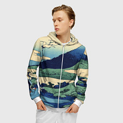 Толстовка 3D на молнии мужская Журавли - японский художник Хокусай Фудзи, цвет: 3D-белый — фото 2
