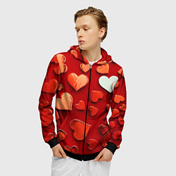 Толстовка 3D на молнии мужская Красные сердца на красном фоне, цвет: 3D-черный — фото 2
