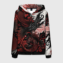 Толстовка 3D на молнии мужская Красный Irezumi узор, цвет: 3D-черный