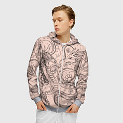 Толстовка 3D на молнии мужская Дракон - унесенные призраками: тату на бежевом, цвет: 3D-меланж — фото 2