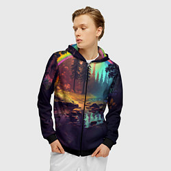 Толстовка 3D на молнии мужская Неоновый лес с радугой, цвет: 3D-черный — фото 2