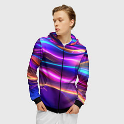 Толстовка 3D на молнии мужская Неоновые волны, цвет: 3D-черный — фото 2
