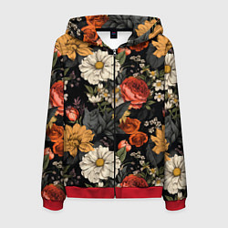 Толстовка 3D на молнии мужская Цветочный паттерн на черном, цвет: 3D-красный