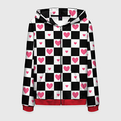 Толстовка 3D на молнии мужская Розовые сердечки на фоне шахматной черно-белой дос, цвет: 3D-красный