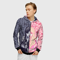 Толстовка 3D на молнии мужская Барби и Уэнсдей - мои две личности: в стиле тату, цвет: 3D-черный — фото 2
