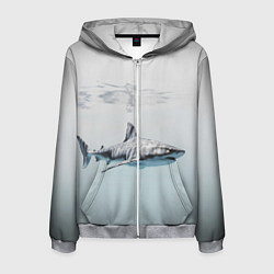 Толстовка 3D на молнии мужская Акула большая белая в толще воды, цвет: 3D-меланж