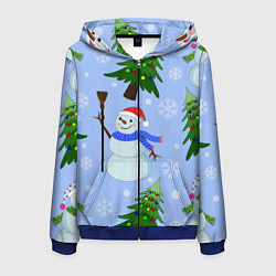 Толстовка 3D на молнии мужская Снеговики с новогодними елками паттерн, цвет: 3D-синий