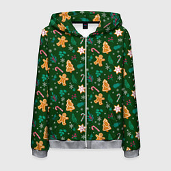 Толстовка 3D на молнии мужская New year pattern with green background, цвет: 3D-меланж