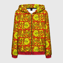 Толстовка 3D на молнии мужская Хохломская роспись золотистые цветы и ягоды на кра, цвет: 3D-красный