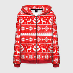 Толстовка 3D на молнии мужская Новый год ели и олени на красном фоне, цвет: 3D-красный