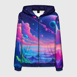 Мужская толстовка на молнии Fantastic space landscape - neon glow