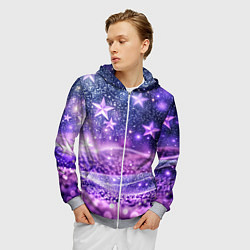 Толстовка 3D на молнии мужская Абстрактные звезды в фиолетовых искрах, цвет: 3D-меланж — фото 2