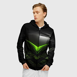 Толстовка 3D на молнии мужская Зеленая яркая плашка на черном абстракция, цвет: 3D-черный — фото 2