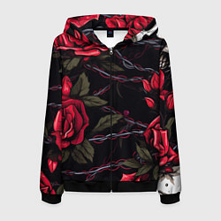 Толстовка 3D на молнии мужская Череп и красные розы, цвет: 3D-черный