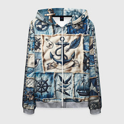 Толстовка 3D на молнии мужская Пэчворк с якорем - джинсовка моряка, цвет: 3D-меланж