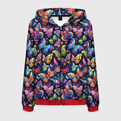 Толстовка 3D на молнии мужская Бабочки в паттерне разноцветный яркий фон, цвет: 3D-красный
