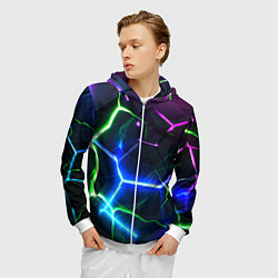 Толстовка 3D на молнии мужская Микс из разломленных плит и неоновое свечения, цвет: 3D-белый — фото 2