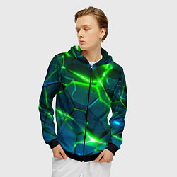 Толстовка 3D на молнии мужская Неоновые яркие зеленые разломленные плиты со свето, цвет: 3D-черный — фото 2