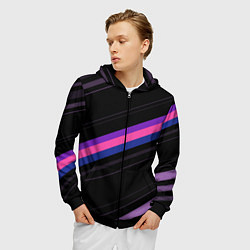 Толстовка 3D на молнии мужская Неоновые полосы, цвет: 3D-черный — фото 2