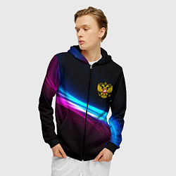 Толстовка 3D на молнии мужская Россия неоновые волны, цвет: 3D-черный — фото 2