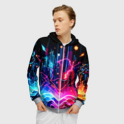 Толстовка 3D на молнии мужская Neon fantasy - ai art, цвет: 3D-меланж — фото 2