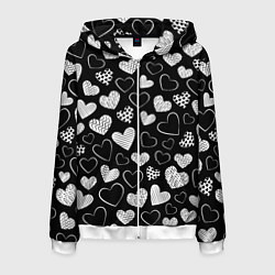 Толстовка 3D на молнии мужская Белые сердечки на черном фоне, цвет: 3D-белый