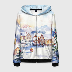 Толстовка 3D на молнии мужская Новогодний снежный город, цвет: 3D-черный