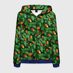 Толстовка 3D на молнии мужская Ёлка зелёная с шишками, цвет: 3D-синий